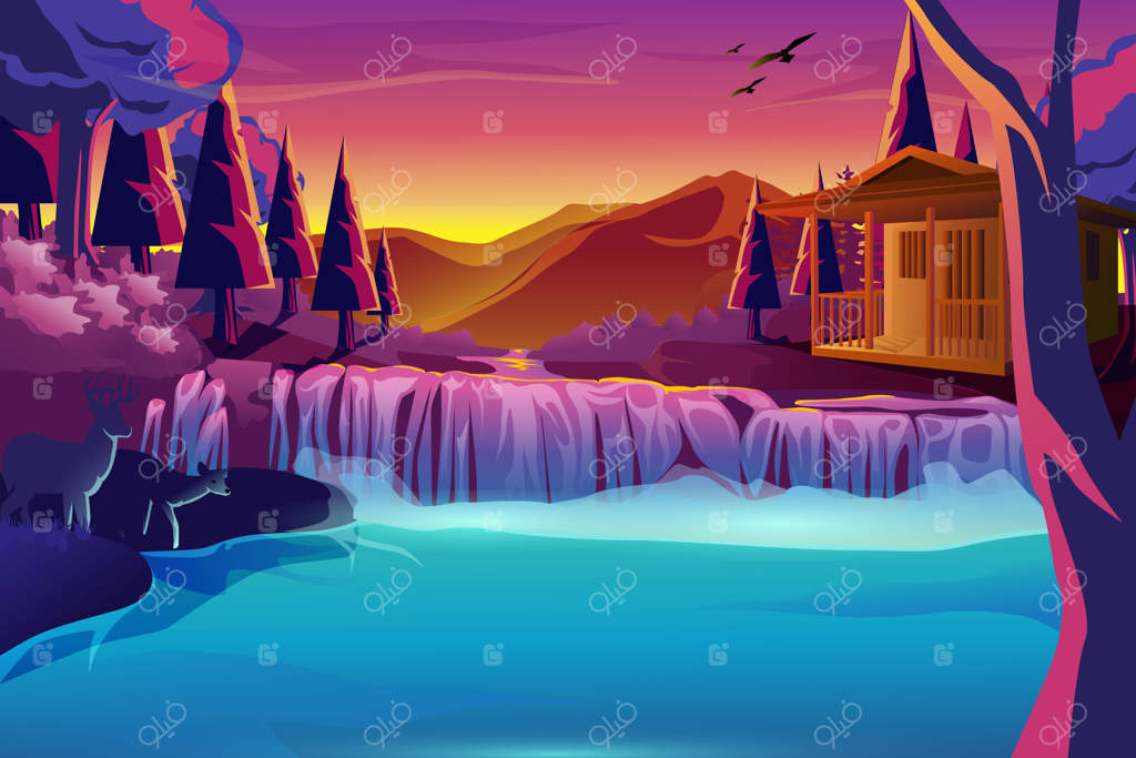 طراحی خانه‌ای در پس‌زمینه جنگل و آبشار در عصر طبیعت