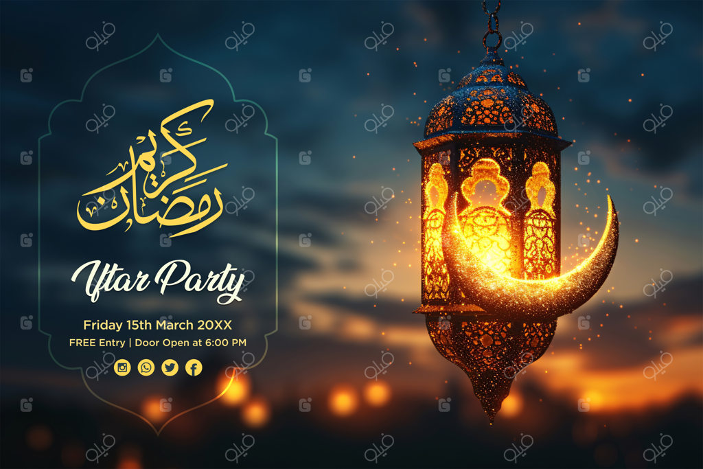 قالب طراحی بنر ماه رمضان با طرح هلال ماه آویز برای جشن گرفتن حال‌وهوای ماه مبارک