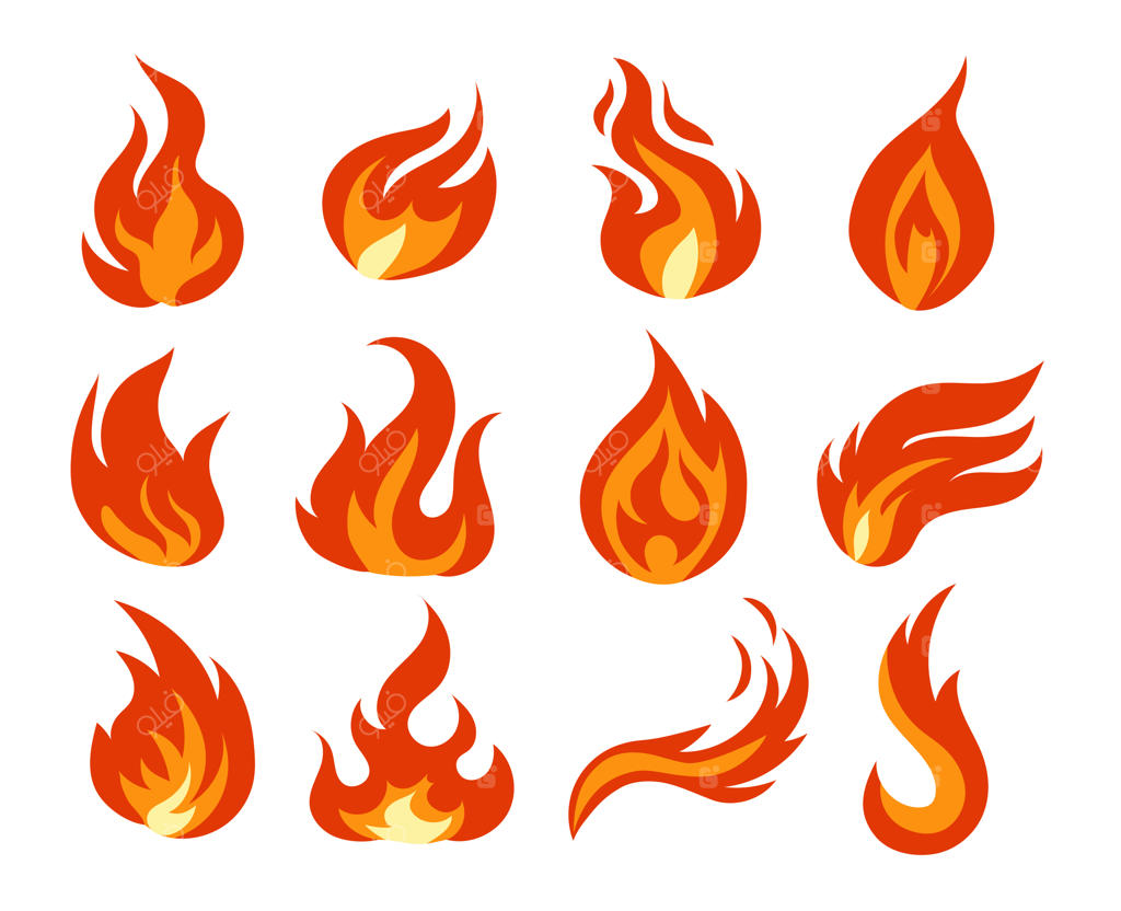 تصویرسازی وکتور مجموعه شعله‌های آتش، جدا شده در پس‌زمینه سفید