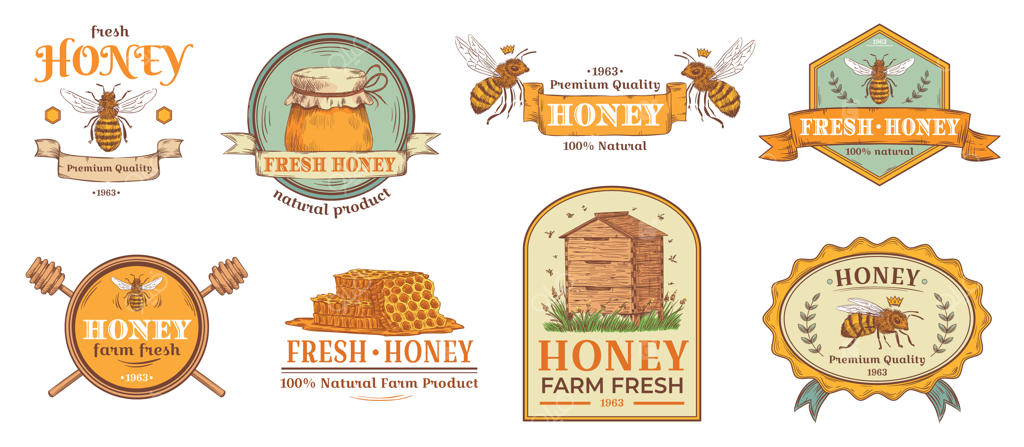 نشان عسل: مجموعه‌ای از برچسب‌های محصولات زنبورداری طبیعی، برچسب‌های گرده‌گان کشاورزی ارگانیک و نمادهای کندوی زنبور عسل