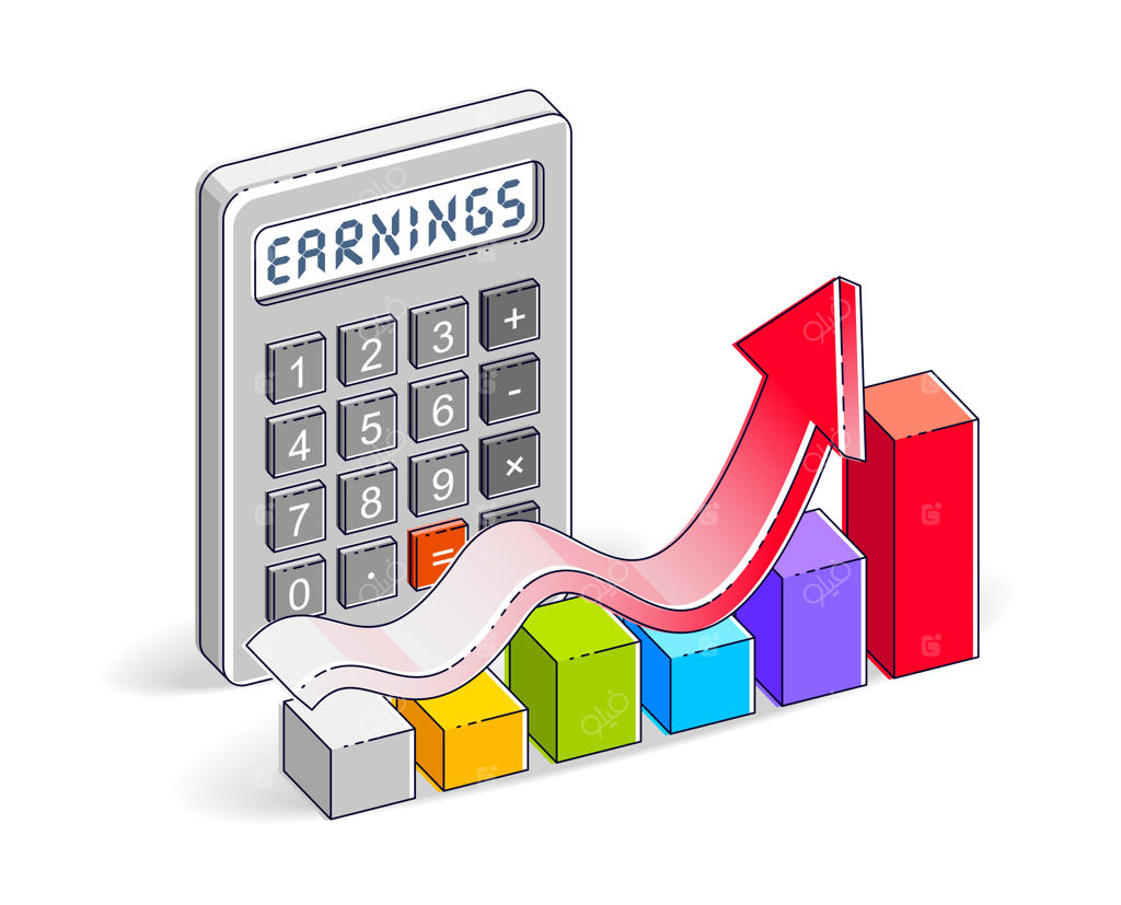 مفهوم موفقیت و درآمد در کسب‌وکار، ماشین‌حساب و نمودار رشد با فلش در پس‌زمینه سفید. تصویرسازی ایزومتریک سه‌بعدی از تجارت و امور مالی.