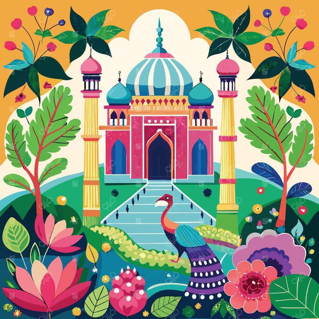 باغ بهشتی مغول با طاووس باشکوه و گل‌های رنگارنگ