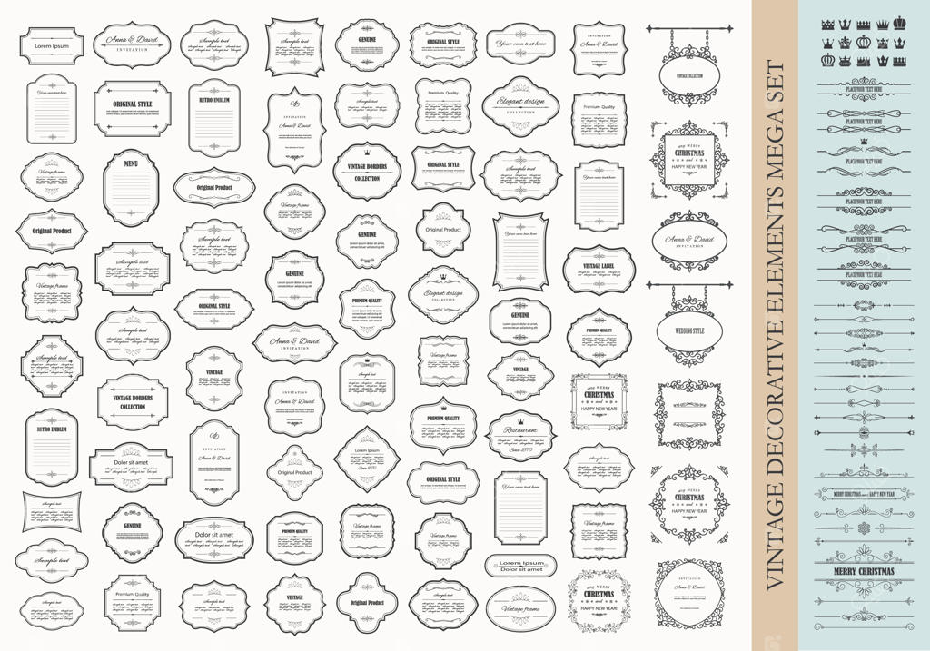 مجموعه عظیم عناصر طراحی وینتیج - قاب‌ها، حاشیه‌ها، جداکننده‌ها، تابلوها و تاج‌ها.