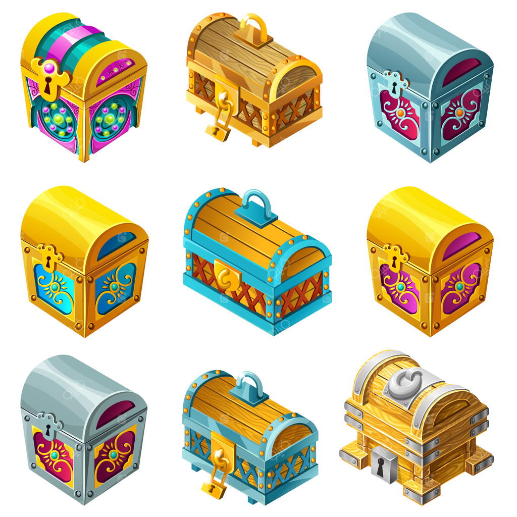 مجموعه جعبه‌های چوبی ایزومتریک کارتونی با تزئینات نقره‌ای برای بازی کامپیوتری