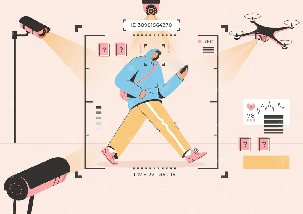 مفهوم فناوری نظارت؛ شناسایی چهره مرد در حال قدم زدن در خیابان