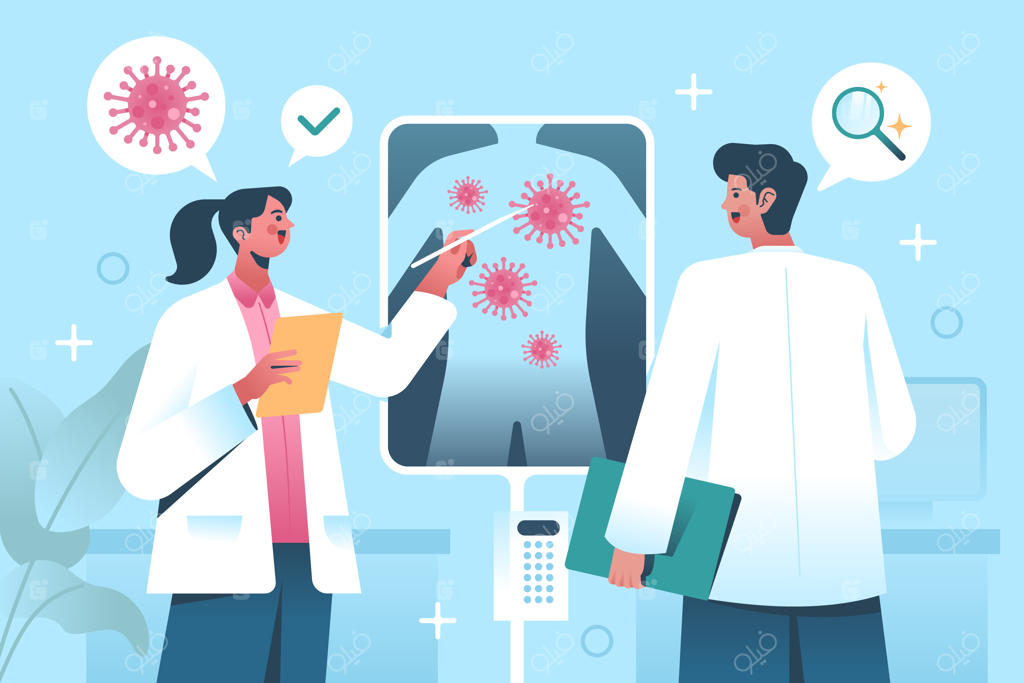 متخصصان پزشکی در حال بررسی عکس رادیولوژی قفسه سینه برای تشخیص ویروس و عفونت