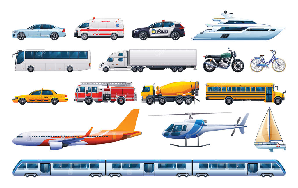 مجموعه وسایل حمل و نقل شهری: کلکسیونی از انواع وسایل نقلیه. تصویرسازی کارتونی وکتور