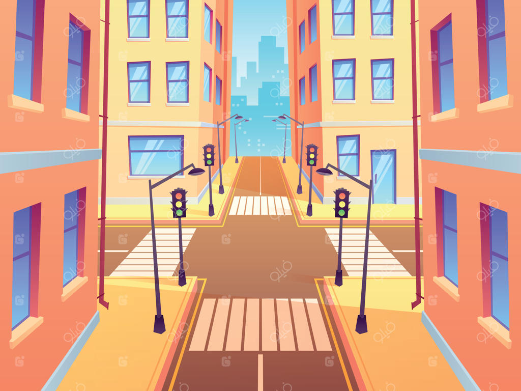 چهارراه شهری با گذرگاه عابر پیاده: تقاطع شهری و چراغ‌های راهنمایی، تصویرسازی خیابان و تقاطع شهری