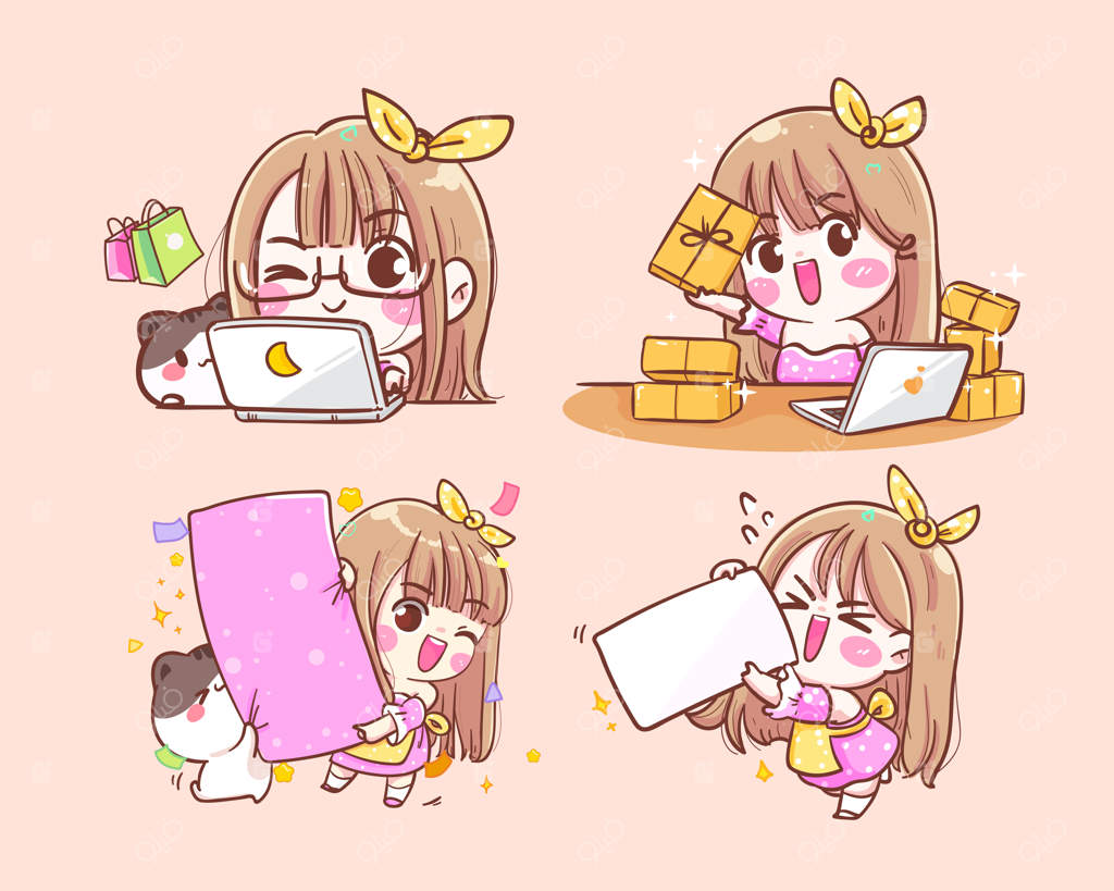 دختر خوشحال تاجر با جعبه کالا و لوگوی آیکون گربه - تصویر دستی کشیده شده.