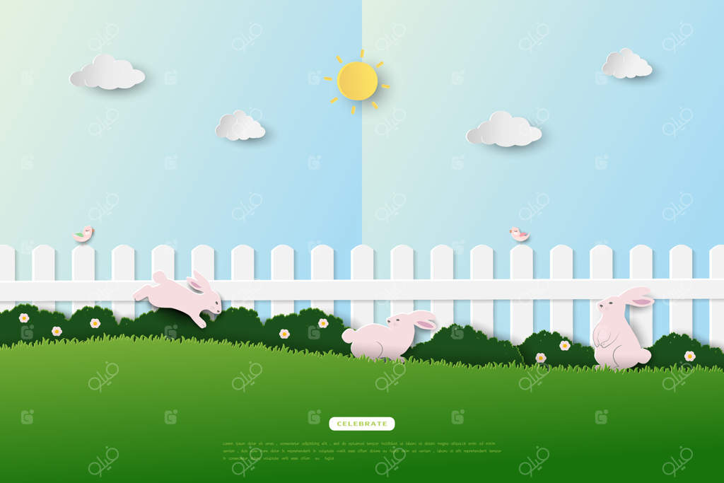 کارت تبریک عید پاک با خرگوش‌های بامزه در باغ بهاری