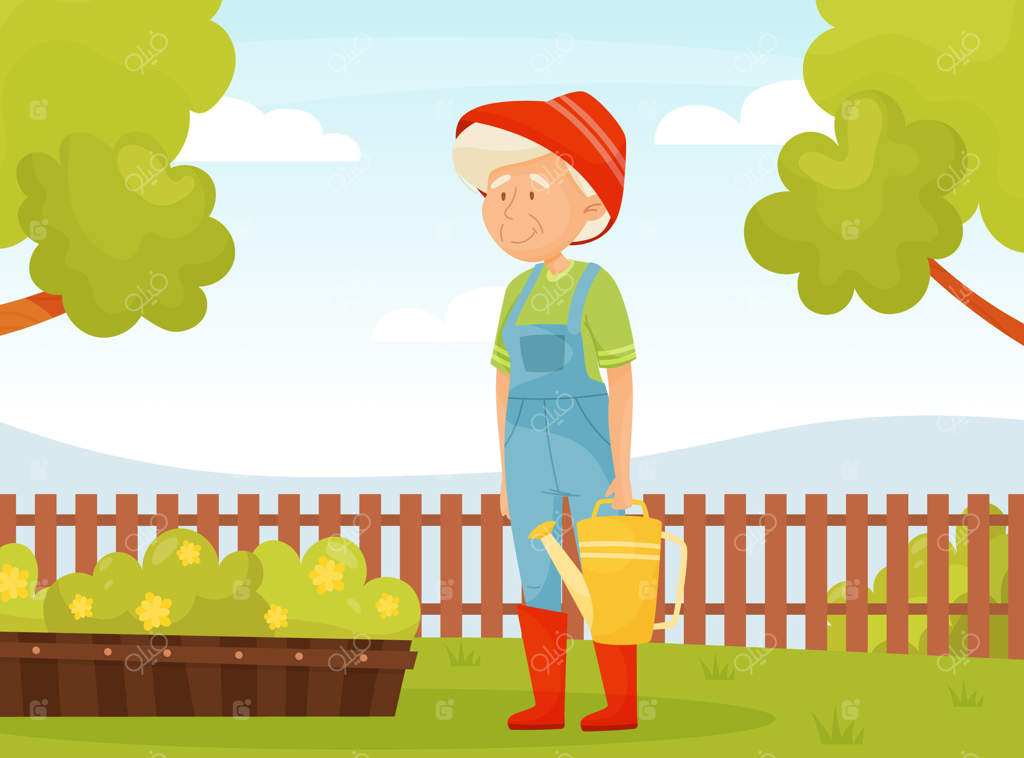 تصویر زنی سالخورده در حال آب دادن به گیاهان در باغ