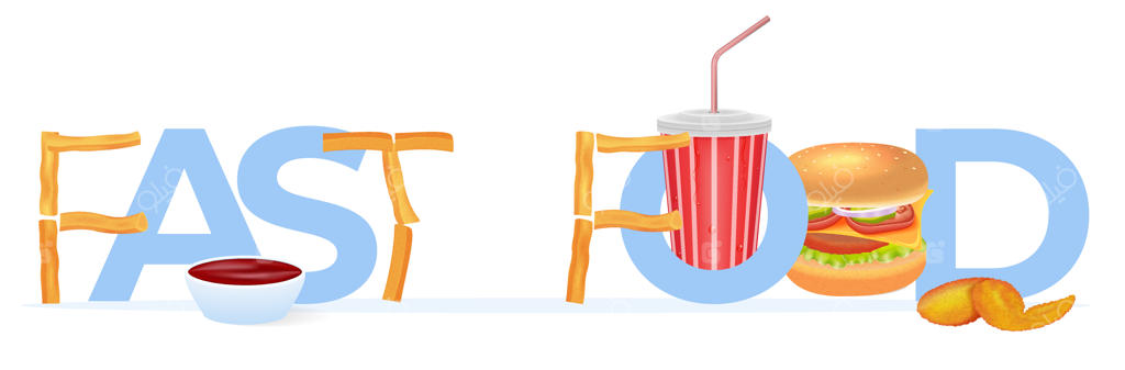 ترکیب واقع‌گرایانه متون فست‌فود با برگر، بال مرغ، نوشیدنی، کچاپ و حروف تشکیل شده از سیب‌زمینی سرخ‌کرده - تصویر وکتور