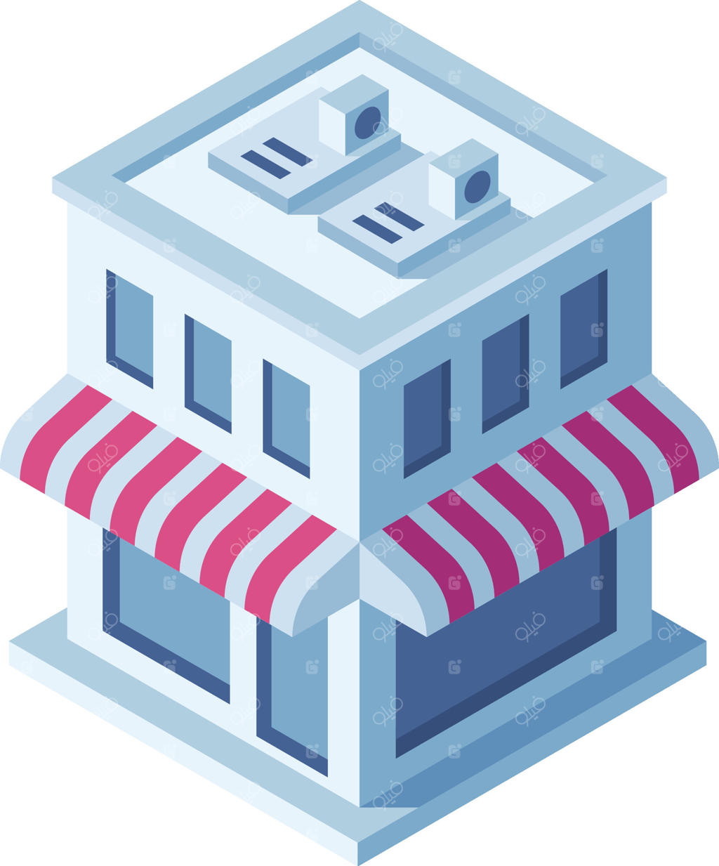 ساختمان ایزومتریک با سایبان‌های راه‌راه نمایانگر معماری مدرن و توسعه شهری. این تصویر برای برنامه‌ریزی شهری، املاک و پروژه‌های معماری قابل استفاده است.