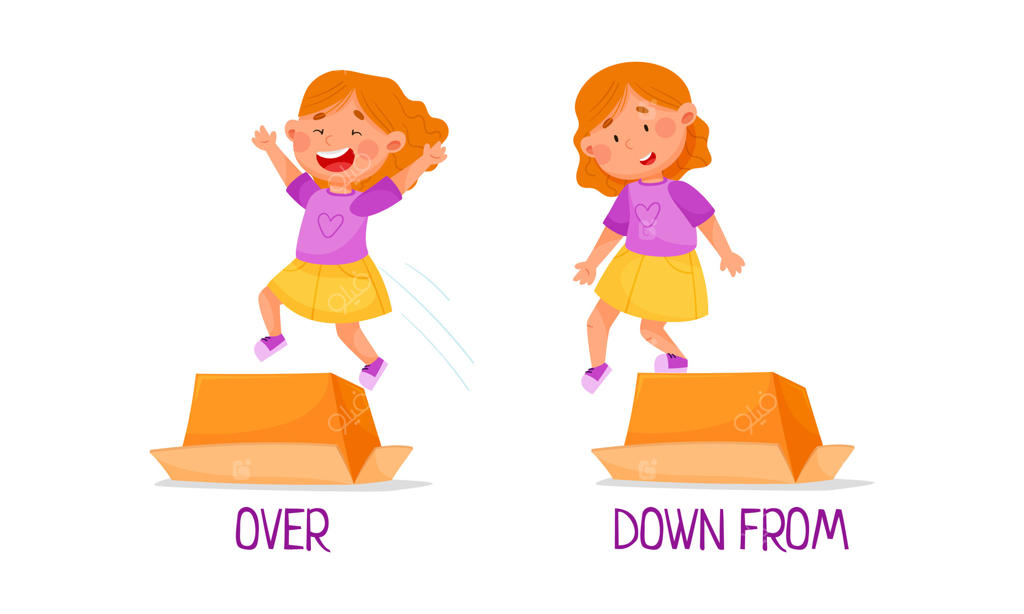 تصویر کارتونی از دختر ایستاده بالا و پایین جعبه - حرف اضافه مکان