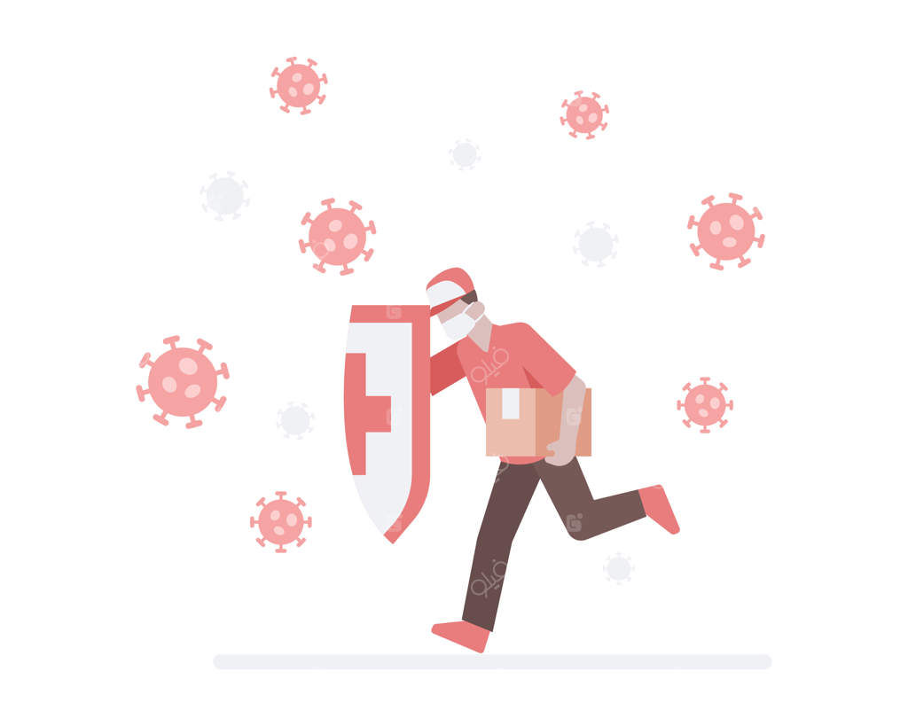 تصویر یک پیک با ماسک و سپر که در حال نابودی کرونا و رساندن بسته به مشتری است.