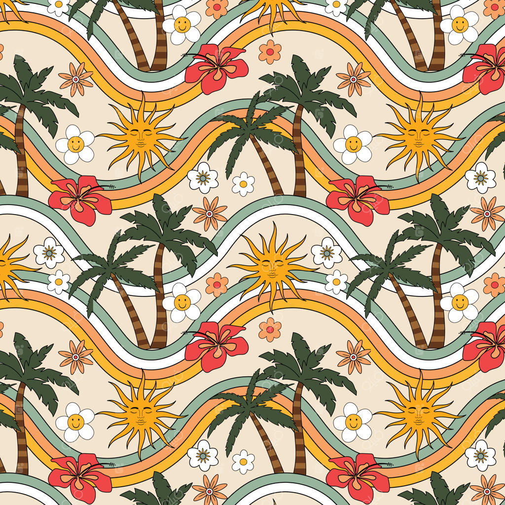 الگوی نوستالژیک تابستانه با نوارهای موج‌دار رنگین‌کمانی، درخت نخل، خورشید و گل‌ها