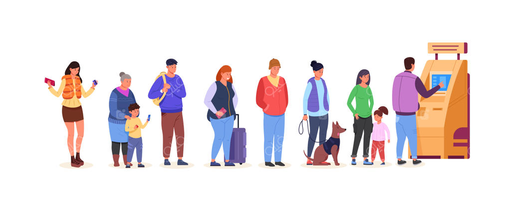 صف خودپرداز: مردم در صف برداشت حقوق از دستگاه بانک ایستاده‌اند و تبدیل تراکنش‌های نقدی به پرداخت دیجیتال کارت به کارت - تصویرسازی وکتور کاریکاتوری و شلوغ