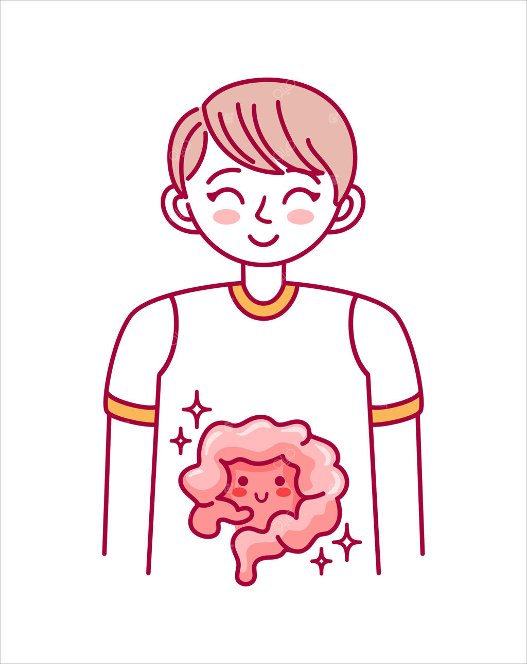 این تصویرسازی بامزه به سبک کاوایی، نوزاد پسری را با روده‌های سالم نشان می‌دهد و دستگاه گوارش را به خوبی به تصویر می‌کشد. این طرح برای منابع آموزشی کودکان و آگاهی‌بخشی در زمینه سلامت بسیار مناسب است.