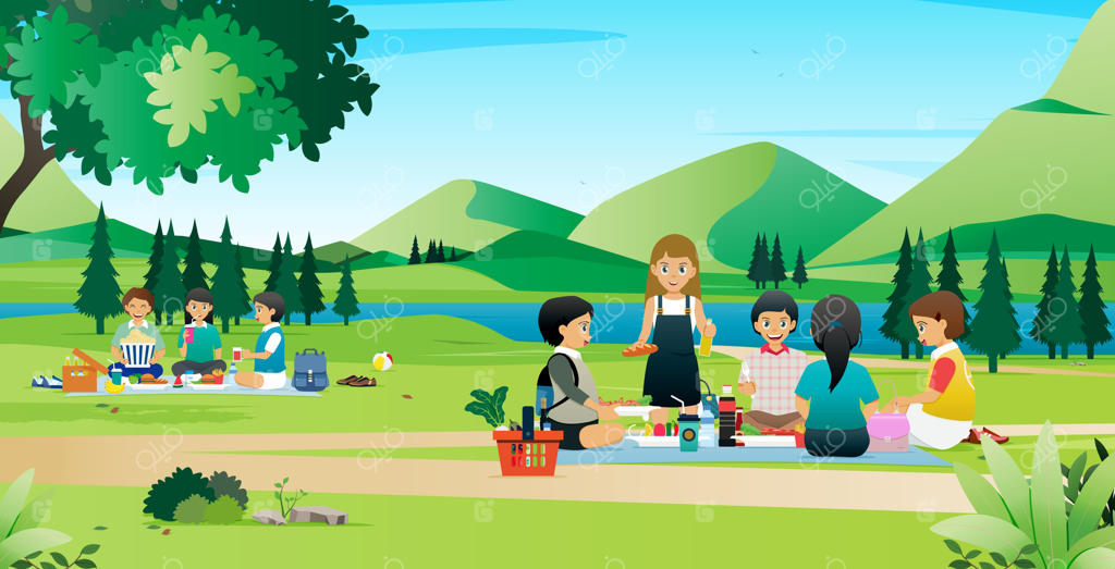 بچه‌ها در پارکی با یک رودخانه جاری پیک‌نیک برگزار کردند.