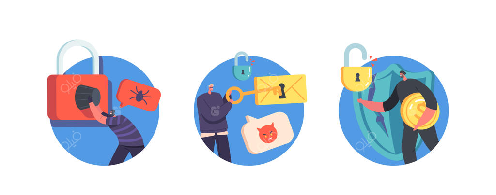 نمادها یا آواتارهای هکرها: جنایتکاران و دزدان با ماسک و لباس سیاه در حال شکستن قفل گاوصندوق