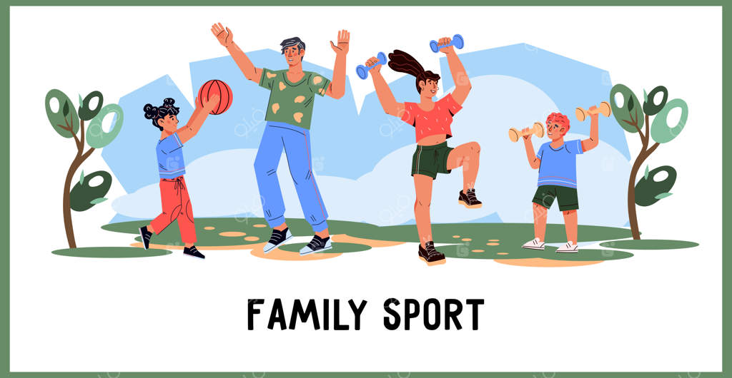 بنر ورزش خانوادگی و فعالیت‌های بیرون از خانه با حضور مادر، پدر و فرزندان در حال ورزش کردن