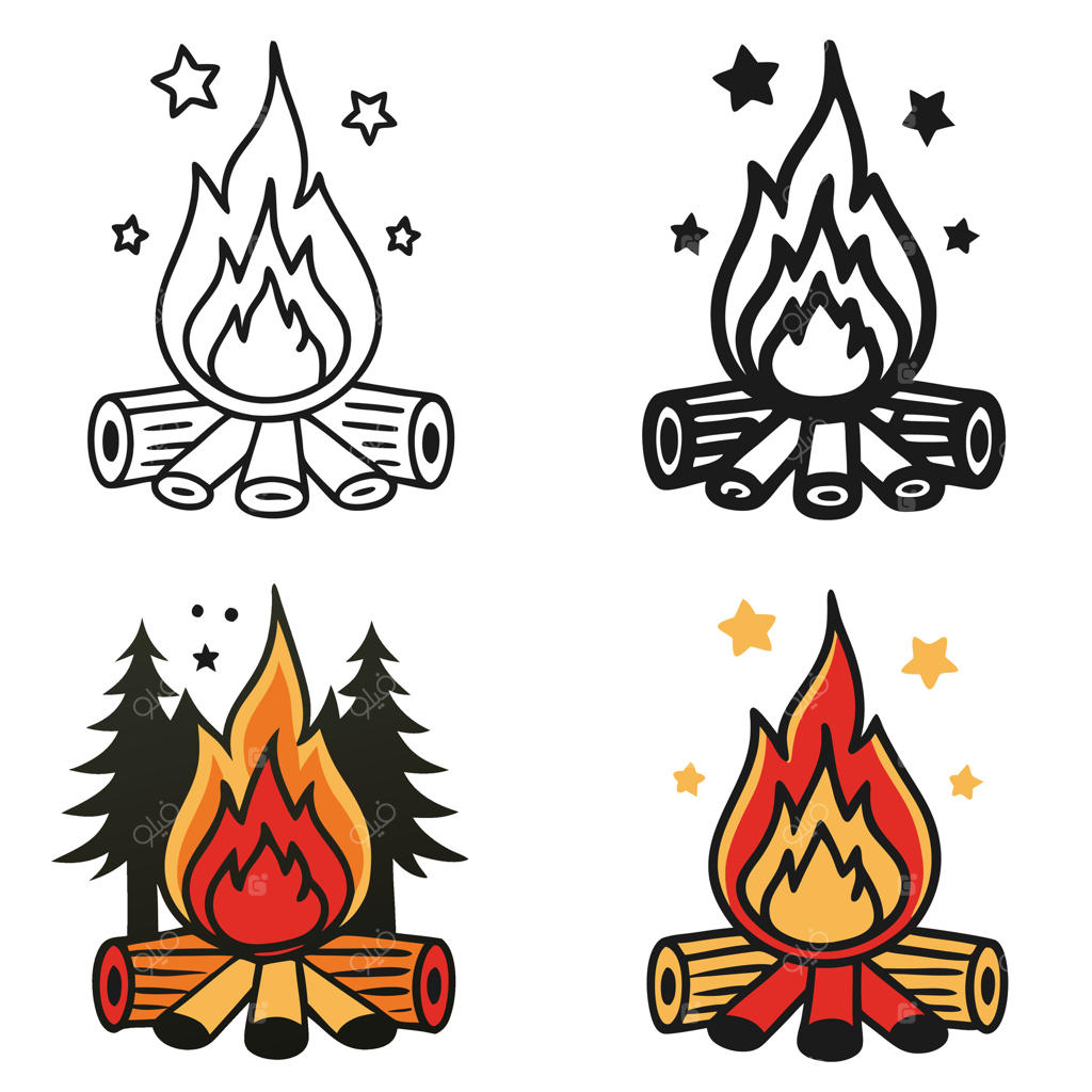 چهار تصویر از آتش کمپ با ستاره‌ها و درختان، بر روی زمینه سفید