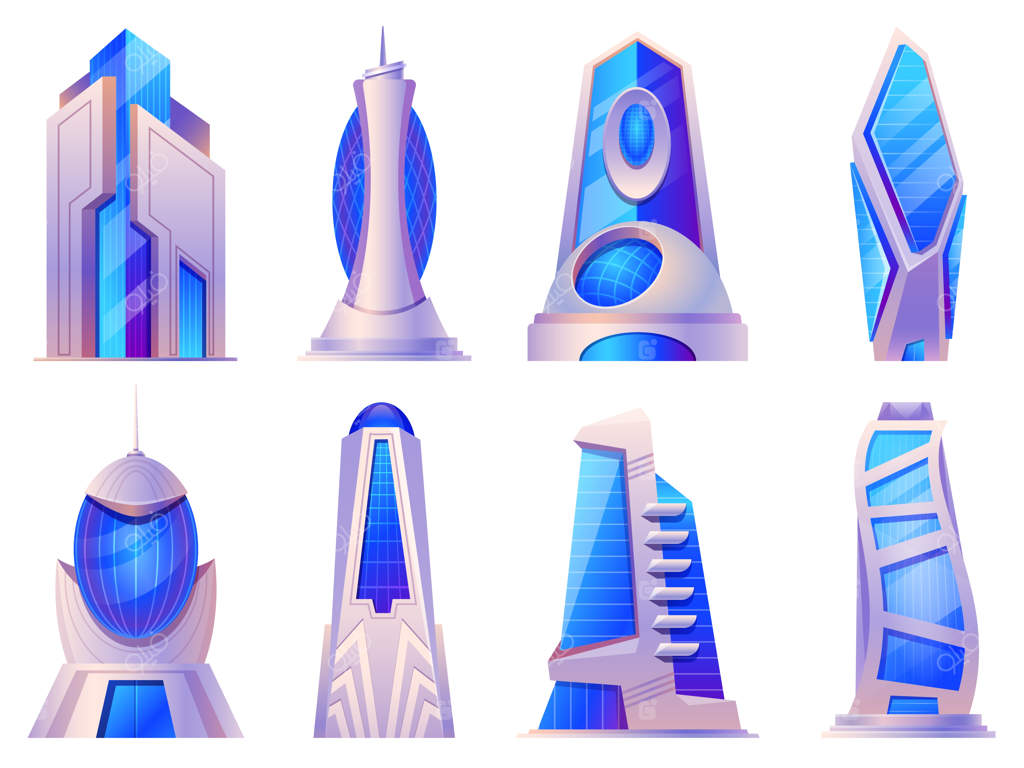 ساختمان‌ها و آسمان‌خراش‌های پیشرفته‌ی کارتونی: سازه‌های شیشه‌ای شهری با معماری آینده‌نگر یا بیگانه