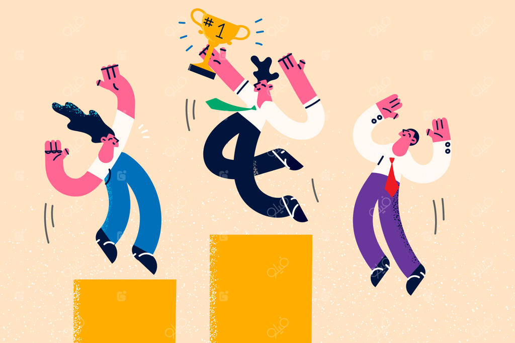 کارکنان شاد با دریافت پاداش طلایی پیروزی شرکت را جشن می‌گیرند. احساس هیجان از ترفیع شغلی. برنده رقابت‌های تجاری. رهبری. تصویرسازی وکتور.