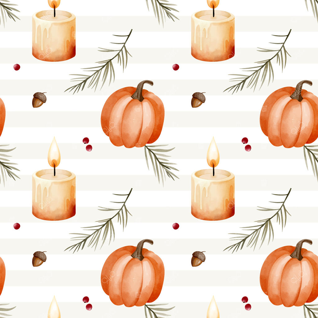 پترن آبرنگی با کدو تنبل، برگ، توت و شمع برای طراحی فصلی. پترن پاییزی یکپارچه