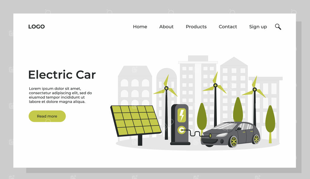 خودروی الکتریکی نزدیک ایستگاه شارژ. انرژی سبز. شبکه هوشمند. تجدیدپذیر. مفهومی با توربین‌های بادی و صفحات خورشیدی. پترن صفحه فرود.