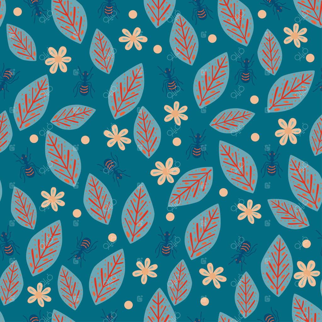 طرح یکپارچه گل‌های طبیعی، برگ‌های جنگلی، مورچه‌ها، حشرات، پس‌زمینه آبی. وکتور، طراحی دست‌کشیده.