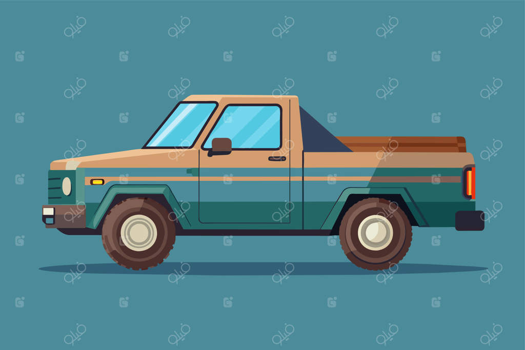 کامیون تخت با سقف چوبی در پس‌زمینه آبی - تصویرسازی سفارشی وانت