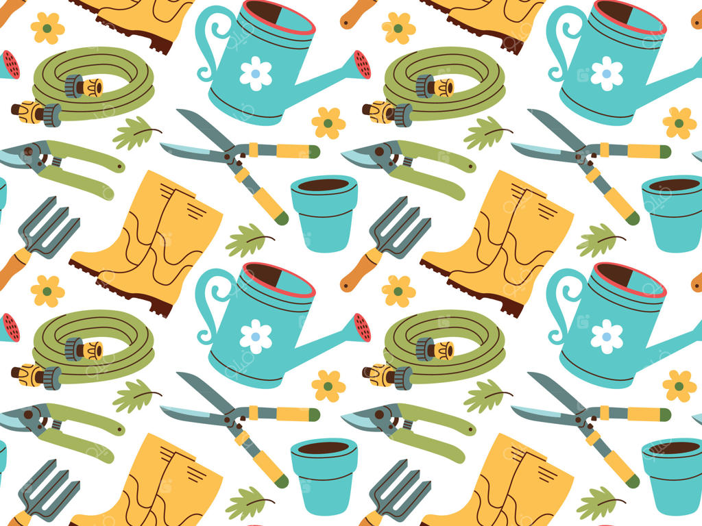 پترن یکپارچه از وسایل باغبانی به سبک دست‌کشیده. ابزارهای کشاورزی و باغ برای کارهای بهاری.