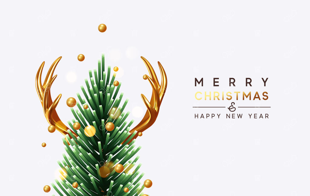 پس‌زمینه کریسمس. طراحی انتزاعی سال نو، درخت کاج، شاخ گوزن و موس. بوکه طلایی. کارت تبریک، بنر، پوستر جشنواره‌ی مینیمال. سال نو مبارک. تصویر برداری وکتور