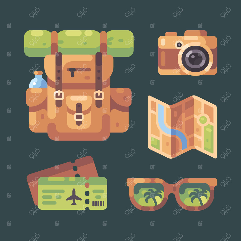 مجموعه لوازم سفر: کوله‌پشتی، دوربین، نقشه، بلیط هواپیما و عینک آفتابی.