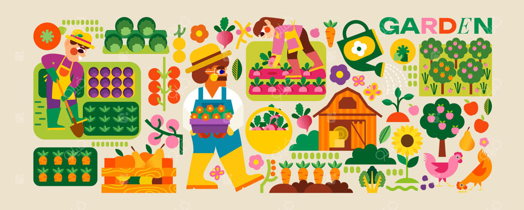 باغ، مزرعه و کشاورزی: مجموعه‌ای جذاب از کشاورزان، باغبان‌ها، کرت‌ها، انبار، طبیعت و برداشت محصول. پروژه خود را با این عناصر فوق‌العاده تکمیل کنید.