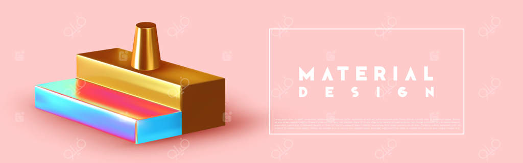 طراحی مینیمال با اشکال واقعی اشیاء سه‌بعدی. عناصر حجمی فلزی طلایی بر روی پس‌زمینه صورتی