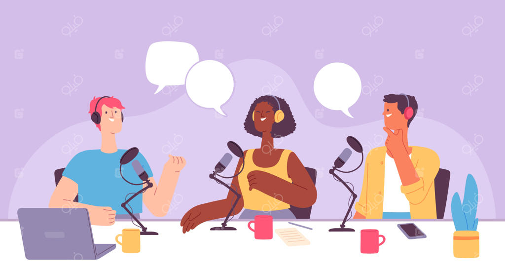ضبط پادکست: مجری رادیو با هدفون در حال مصاحبه. استودیوی موسیقی با میکروفون و لپ‌تاپ. مفهوم وکتور پخش بلاگرها: مصاحبه پادکست رادیویی