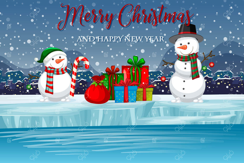 پوستر کریسمس مبارک با شب برفی و آدم برفی خندان