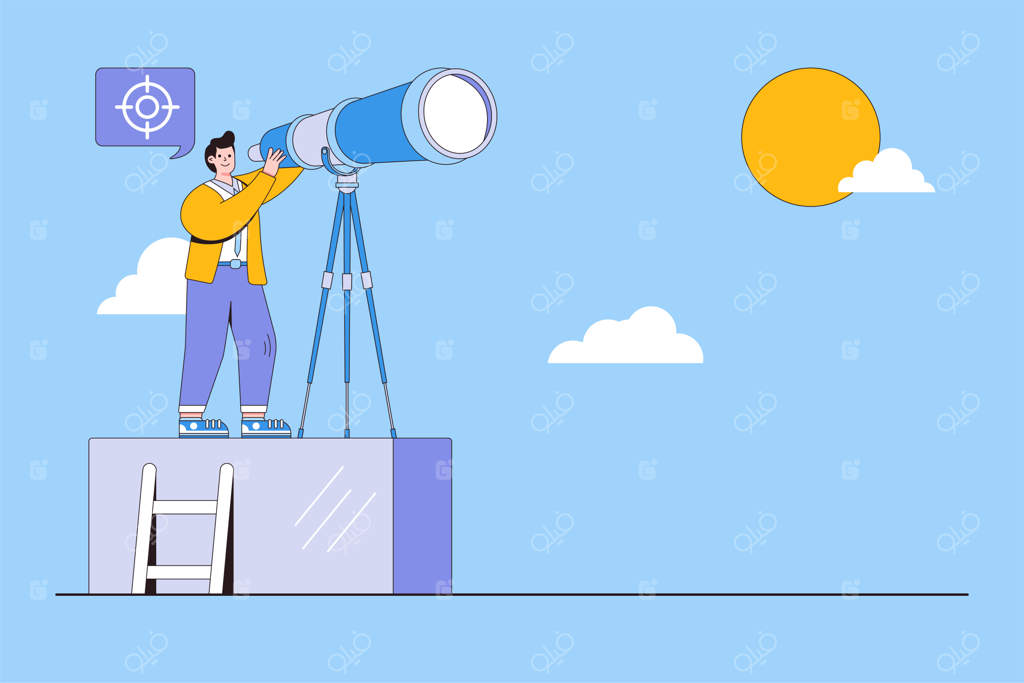 استراتژی برنامه‌ریزی اهداف بلندمدت: کشف فرصت‌های تجاری برای آینده دور و مفاهیم بصیرتی - مدیر بازرگانی بر روی سکویی مرتفع ایستاده و با تلسکوپ چشم‌انداز را می‌کاود