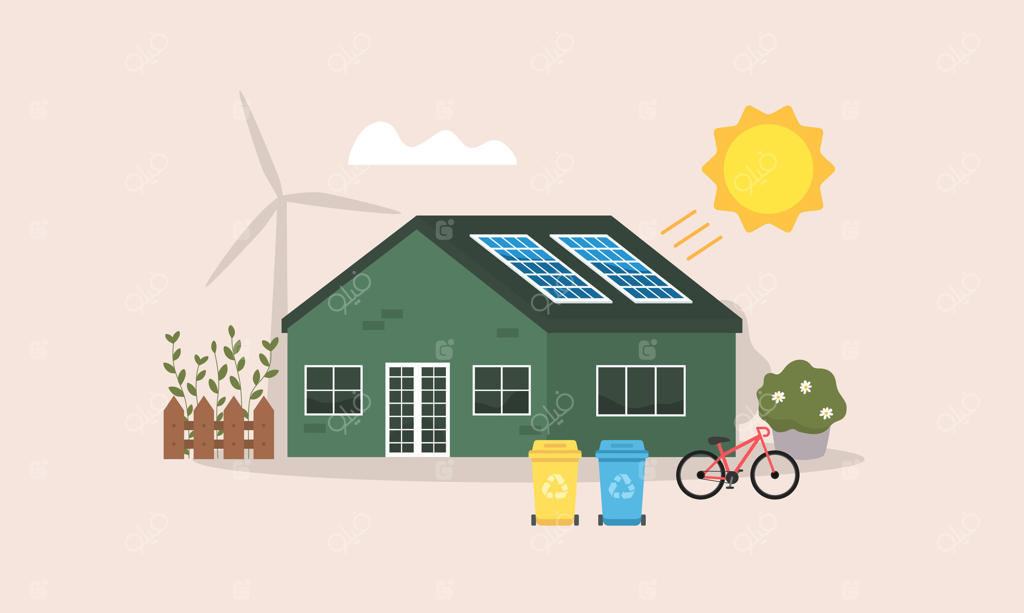 خانه‌ای با پانل‌های خورشیدی روی سقف. طراحی ساده و روشنایی مینیمال. خانه‌ای سازگار با محیط زیست.