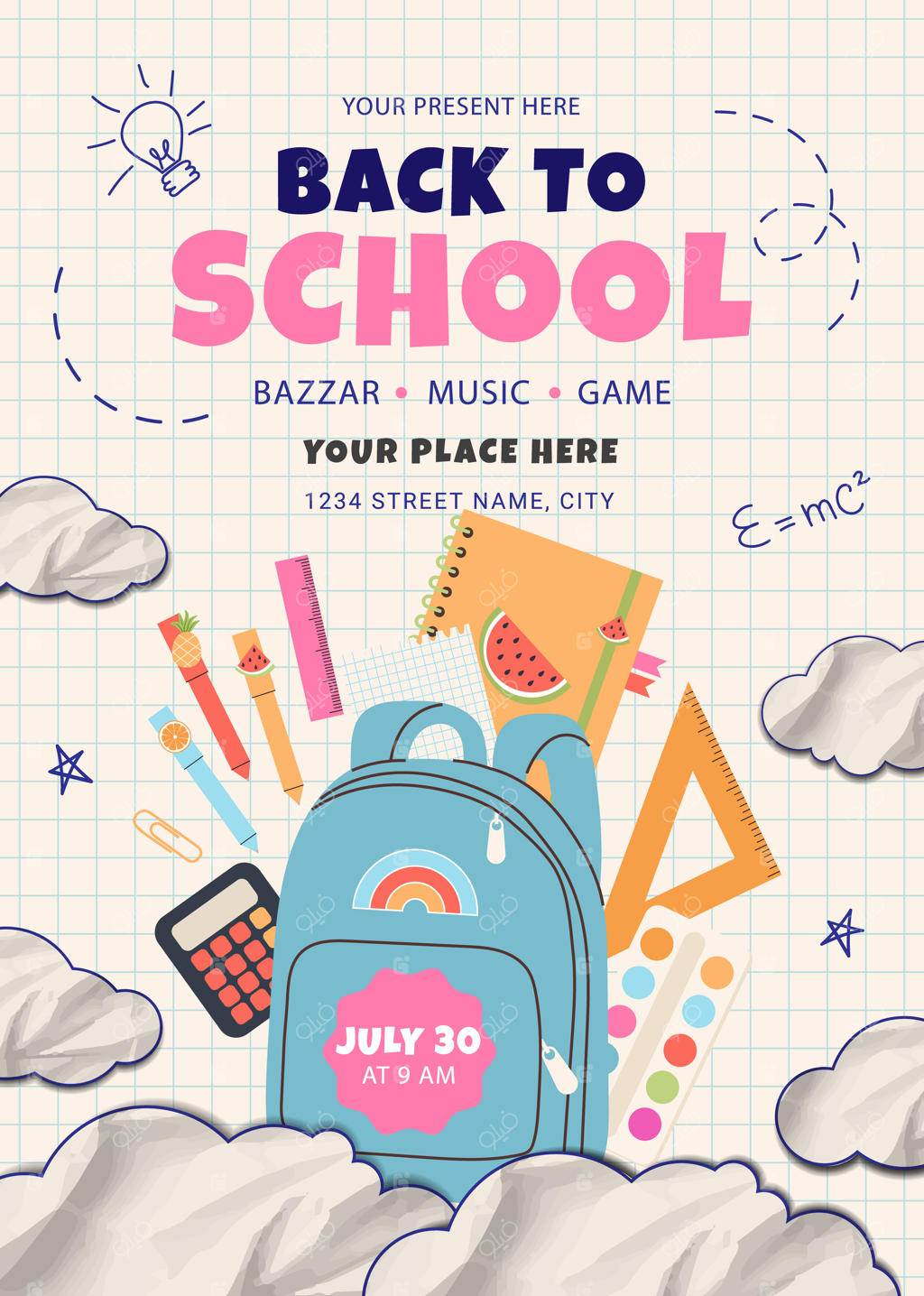 بنر بازگشت به مدرسه با طراحی نوشتار و عناصر لوازم‌التحریر - کارت پوستر فروش و دعوت به جشن