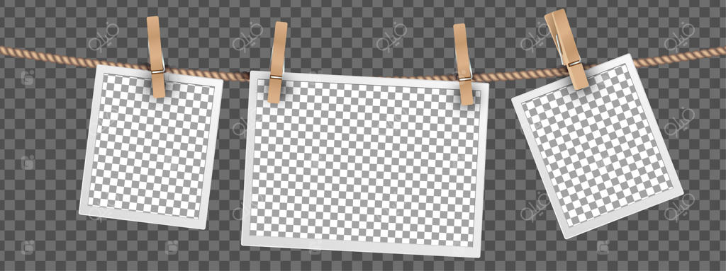 قاب‌های عکس قدیمی آویزان بر روی طناب با پس‌زمینه شفاف، قالب‌های دیجیتال مجموعه وکتور قاب‌ها برای عکس‌ها