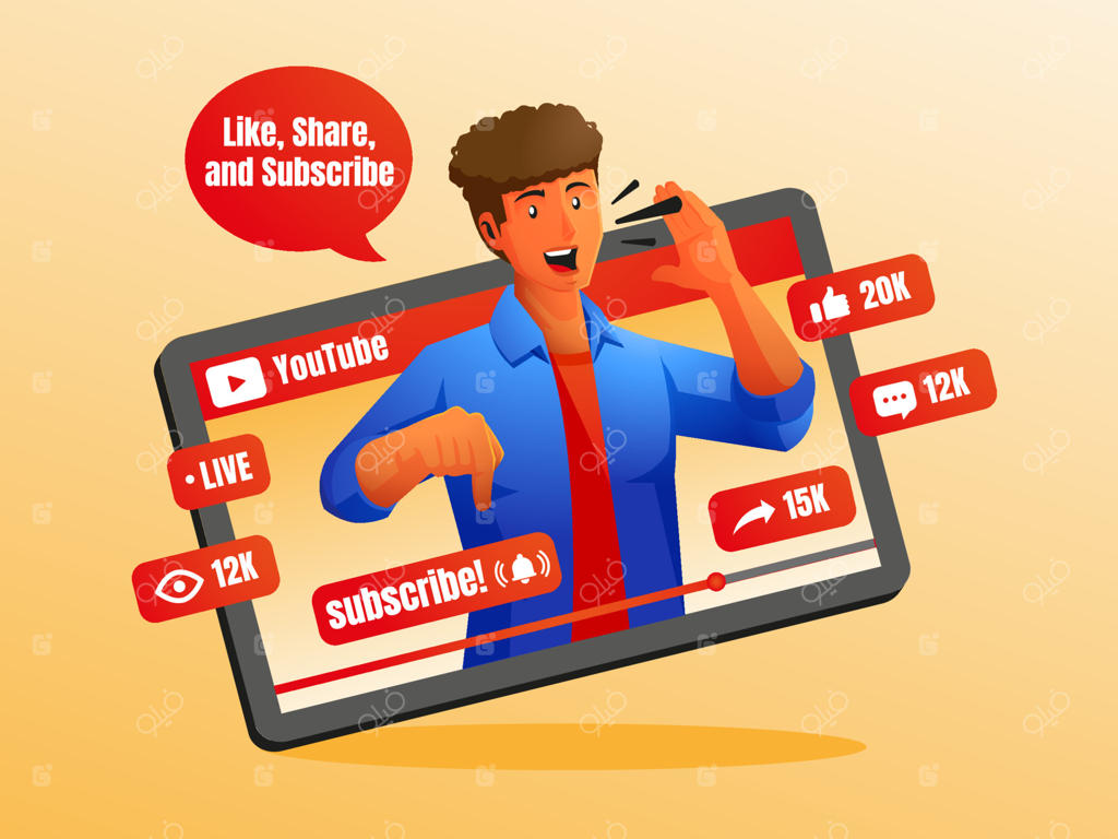 مرد اینفلوئنسر در حال دعوت از بینندگان برای لایک، اشتراک‌گذاری و سابسکرایب