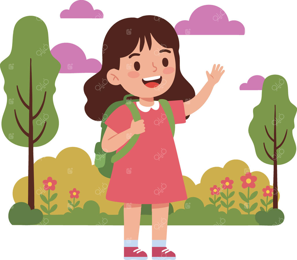 تصویر دختربچه‌ای با کوله‌پشتی و لباس صورتی که بیرون با درختان و گل‌ها ایستاده و دست تکان می‌دهد