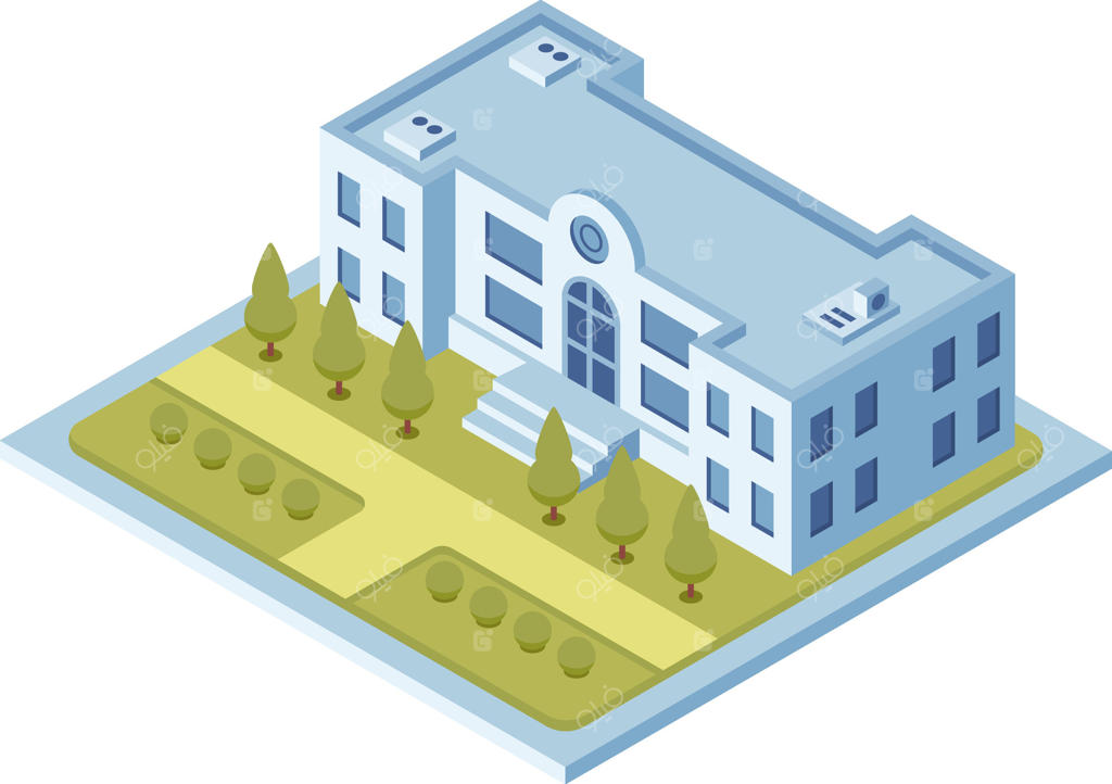 تصویر ایزومتریک از یک ساختمان عمومی مدرن با باغ اطراف، نمایانگر معماری شهری و طراحی شهر