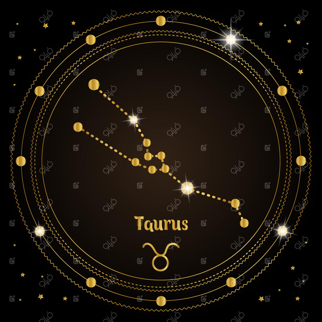 صورت فلکی ثور (نماد زودیاک) در دایره جادویی کیهانی، طرح طلایی روی زمینه تیره