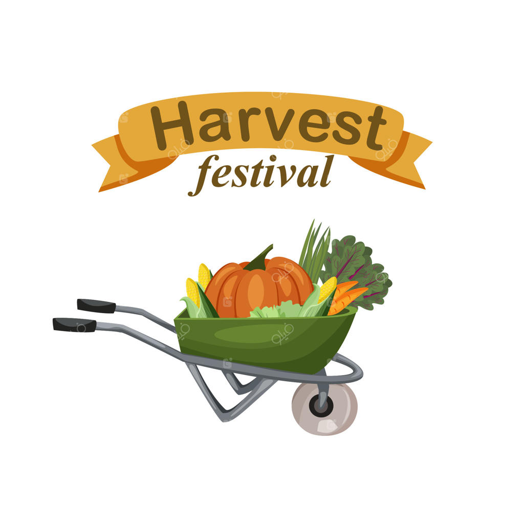 کارت جشن برداشت محصول: برداشت پاییزه. سبزیجات در فرغون باغبانی: کدو تنبل، ذرت، چغندر، پیاز، کاهو. محصولات بازار محلی. کشاورزی، باغبانی، زراعت.