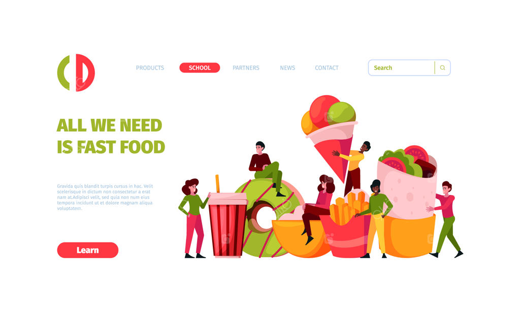 قالب وب‌سایت برای فست‌فود: افراد با غذاهای ناسالم شامل برگر، نوشیدنی‌های سرد، دونات و پیتزا (به همراه فضایی برای متن)