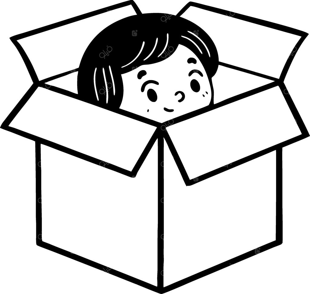 شخصیت کارتونی بازیگوش در حال سرک کشیدن از جعبه؛ تصویرسازی جذاب برای رنگ‌آمیزی کودکان